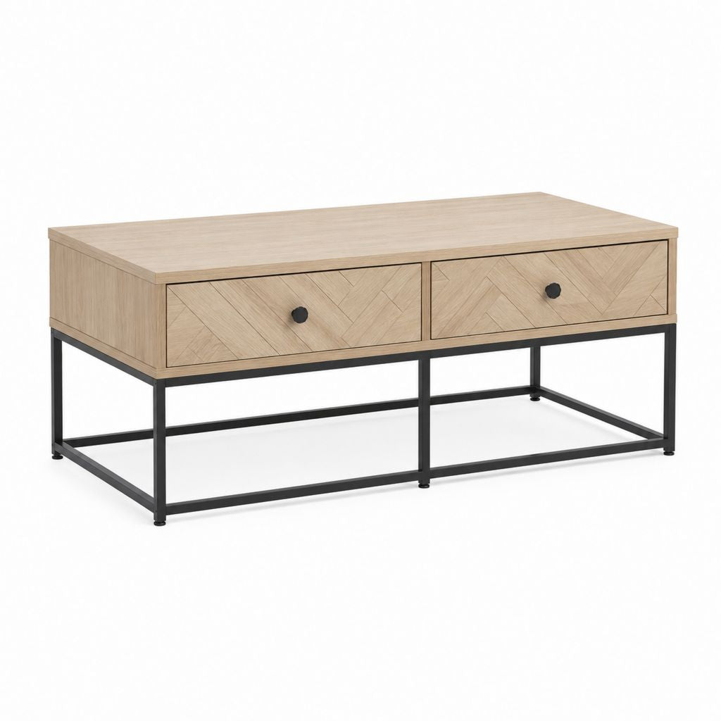Table basse avec 2 tiroirs chêne clair et acier noir rectangulaire 100 x 60 x 45 cm