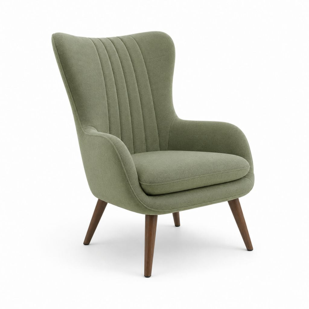 Fauteuil à oreilles vert olive en polyester effet velours avec pieds en hêtre 75 x 85 x 105 cm