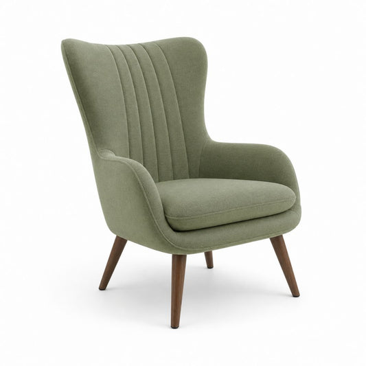 Fauteuil à oreilles vert olive en polyester effet velours avec pieds en hêtre 75 x 85 x 105 cm