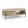 Table basse ovale avec tiroir et niche chêne clair panneaux de particules 110 x 60 x 40 cm
