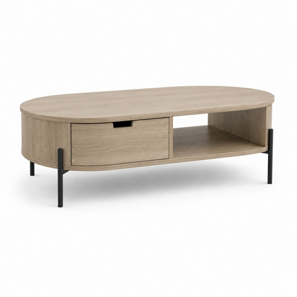 Table basse ovale avec tiroir et niche chêne clair panneaux de particules 110 x 60 x 40 cm