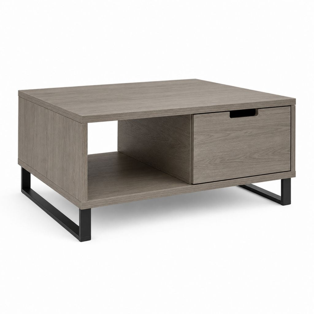Table basse rectangulaire gris chêne en panneau de particules mélaminé avec tiroir 100 x 60 x 45 cm