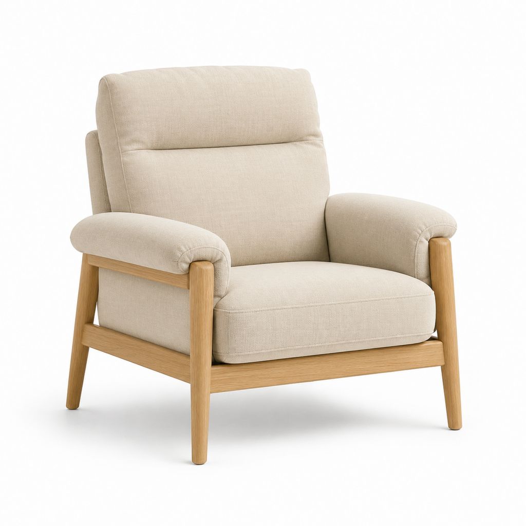Fauteuil de salon fixe beige en polyester avec structure en chêne massif 82 x 88 x 100 cm