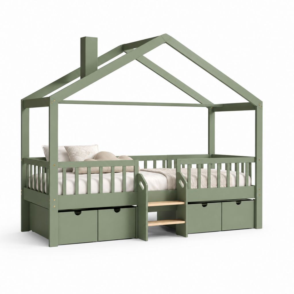 Lit cabane enfant surélevé vert en pin massif 90 x 190 cm dimensions 205 x 100 x 205 cm