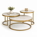 Lot de 3 tables basses gigognes rondes blanc marbré et doré en MDF et acier 80 x 42 cm 70 x 47 cm 60 x 52 cm