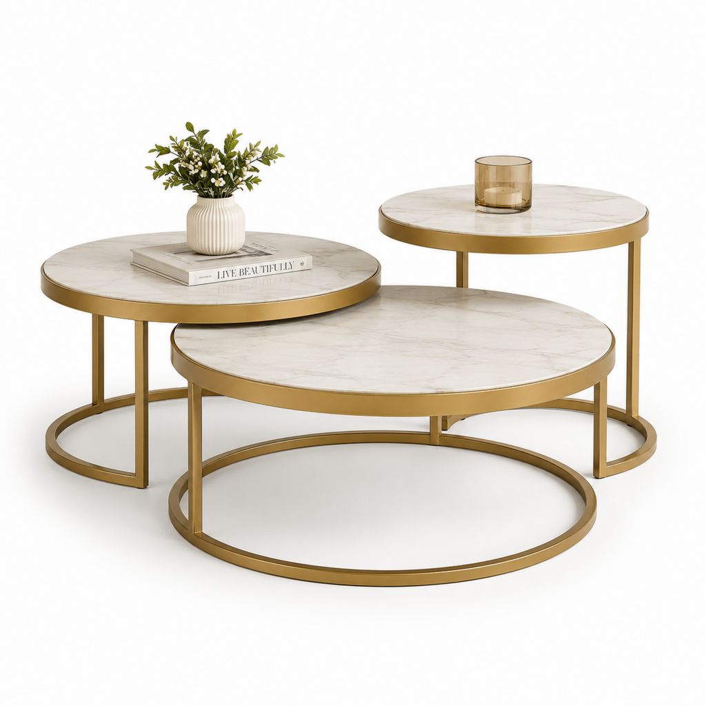 Lot de 3 tables basses gigognes rondes blanc marbré et doré en MDF et acier 80 x 42 cm 70 x 47 cm 60 x 52 cm