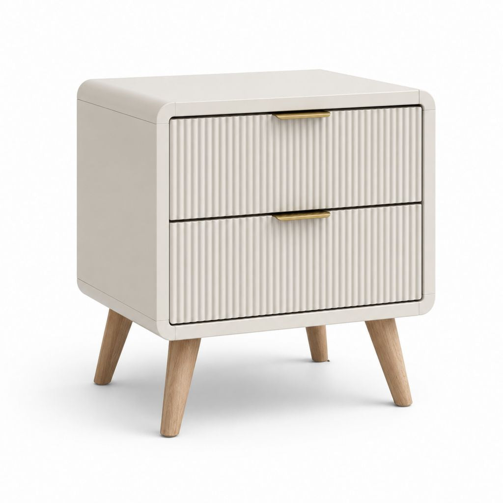 Table de chevet 2 tiroirs blanc cassé en MDF avec pieds en bois d'hévéa 50 x 40 x 55 cm