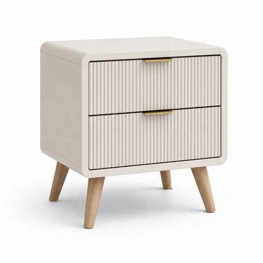 Table de chevet 2 tiroirs blanc cassé en MDF avec pieds en bois d'hévéa 50 x 40 x 55 cm