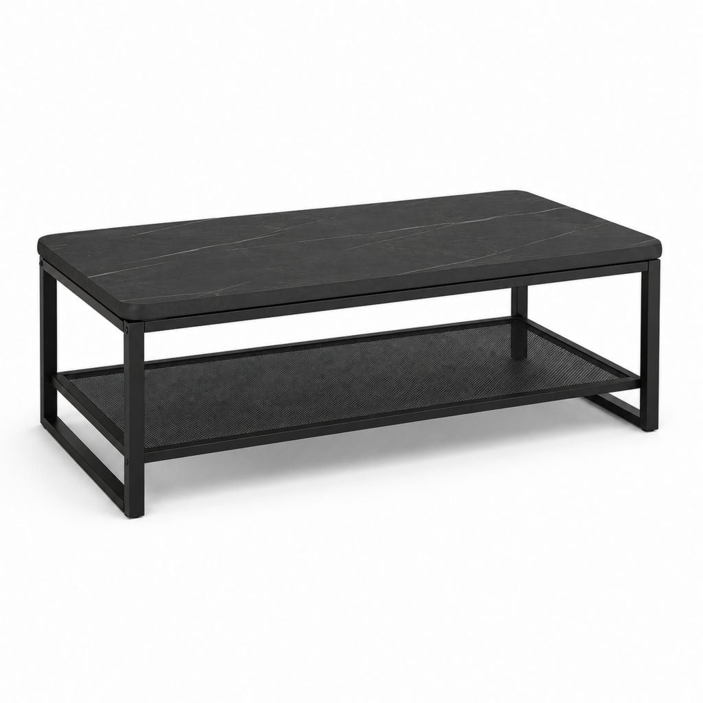 Table basse rectangulaire noire en acier et panneau MDF 100 x 60 x 45 cm avec étagère de rangement