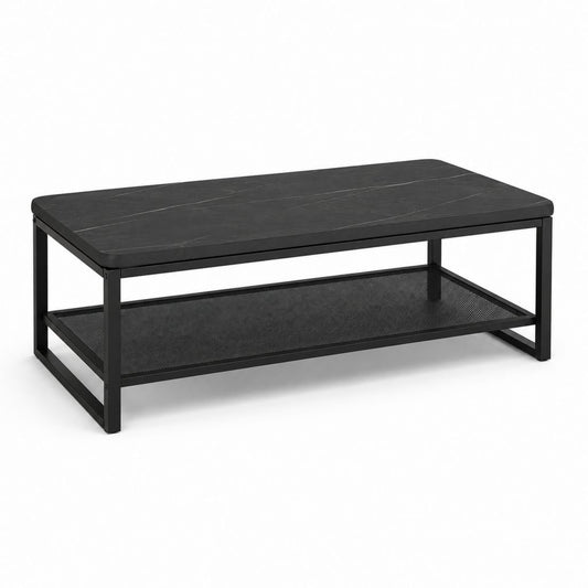 Table basse rectangulaire noire en acier et panneau MDF 100 x 60 x 45 cm avec étagère de rangement