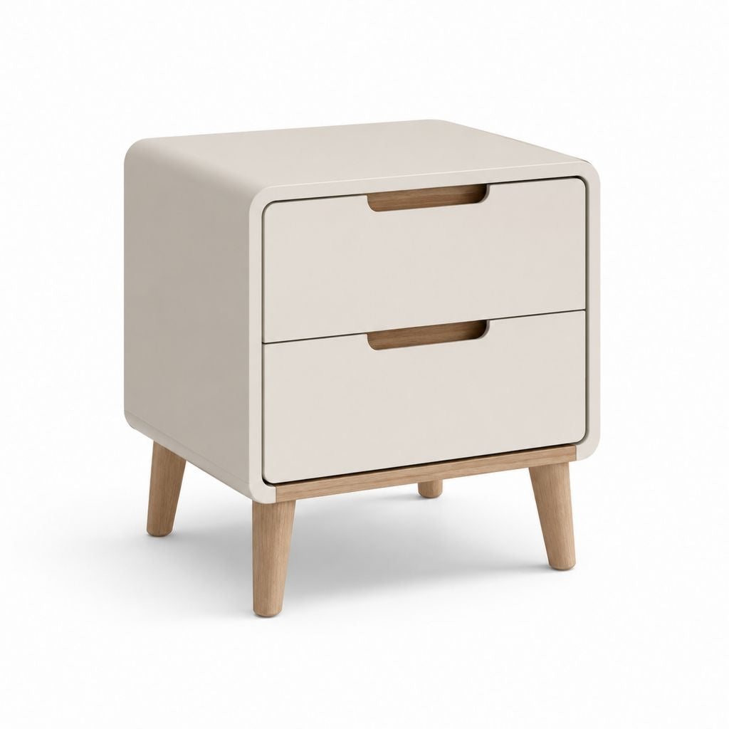 Table de chevet rectangulaire 2 tiroirs blanc cassé MDF et bois massif 45 x 40 x 55 cm