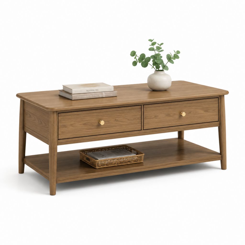 Table basse rectangulaire en bois d'hévéa brun noyer avec 2 tiroirs 120 x 60 x 50 cm