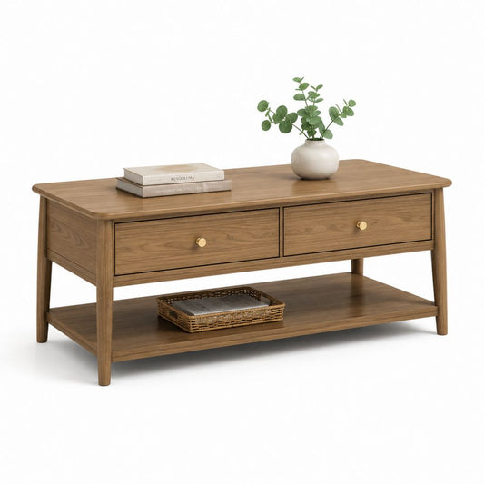 Table basse rectangulaire en bois d'hévéa brun noyer avec 2 tiroirs 120 x 60 x 50 cm