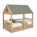 Lit cabane enfant avec tiroirs vert sauge et pin massif 90 x 190 cm