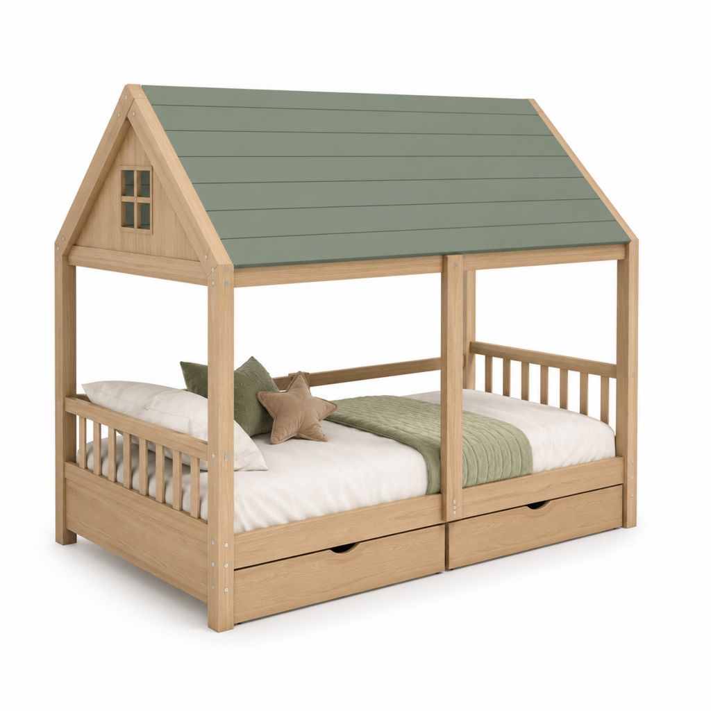 Lit cabane enfant avec tiroirs vert sauge et pin massif 90 x 190 cm
