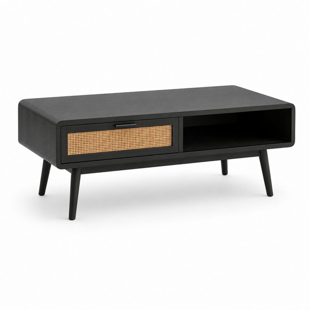 Table basse rectangulaire noire en MDF avec façade en rotin 120 x 60 x 45 cm