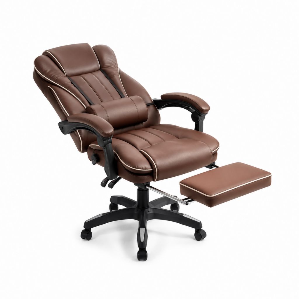 Fauteuil de bureau inclinable avec repose-pieds et coussin lombaire marron en similicuir PU 68 x 70 x 112-122 cm