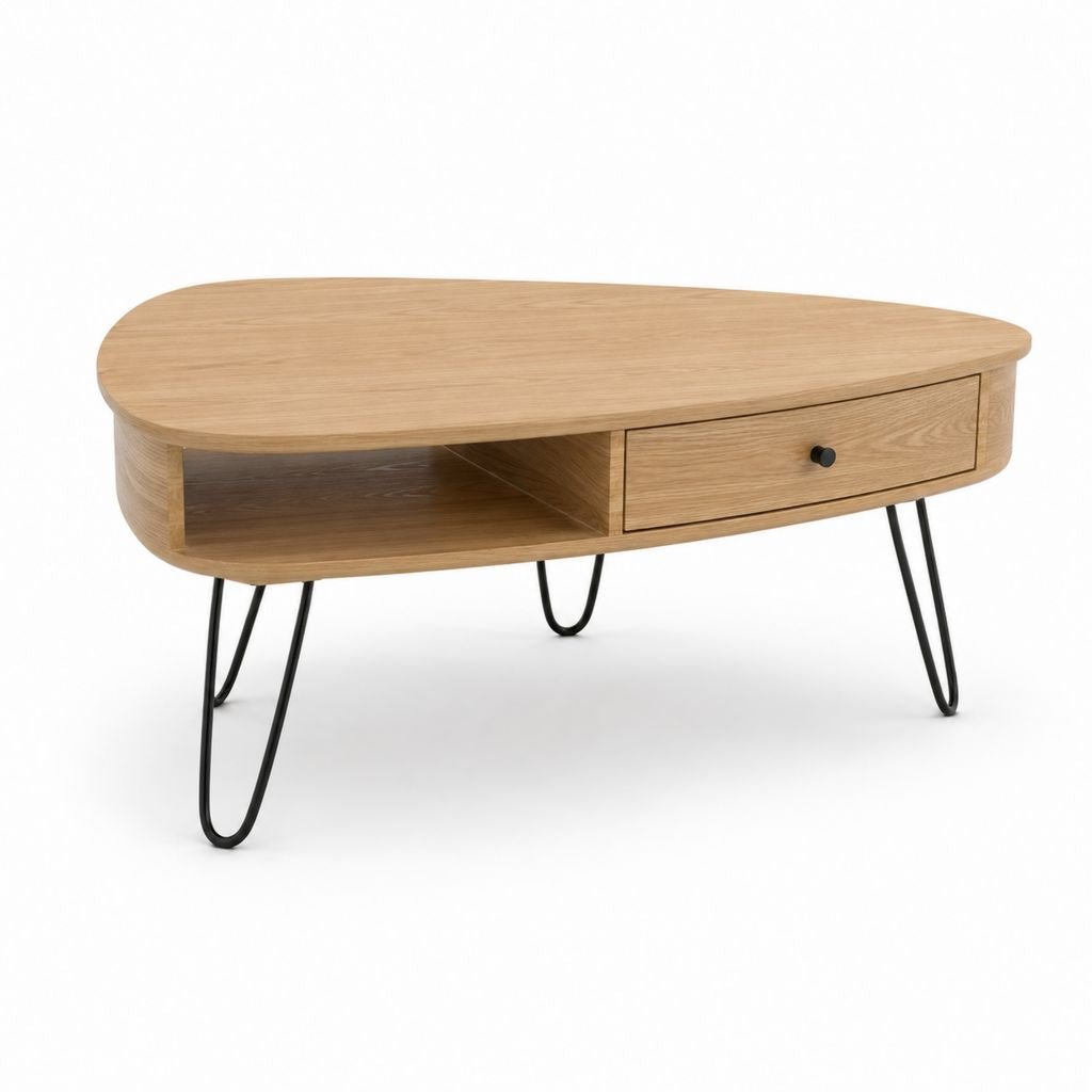 Table basse ovale chêne clair MDF plaqué chêne 110 x 60 x 45 cm avec tiroir et niche